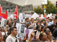 Pro-DACA protestors in Los Angeles assemble to chant and display signs on September 4, 2017.
