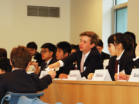 Participants in last Sunday's Model United Nations Conference exchange ideas in Elman Auditorium.
